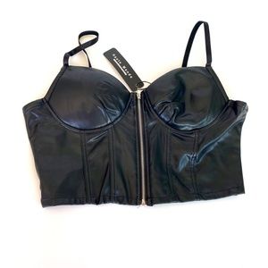 NEW Black Faux Leather Zip Moto Crop Corset Top Haute Monde Juniors Size Medium